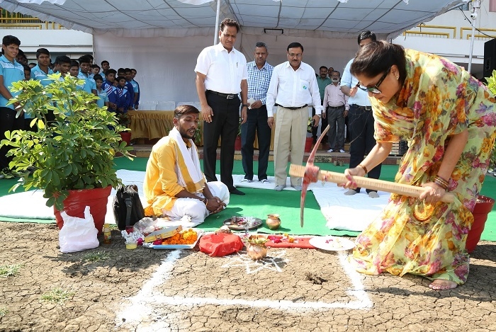 ​The Sports Minister leads the Bhumi Pujan ceremony of International Level Athletic Synthetic Technology trek at  T.T Stadium, Bhopal