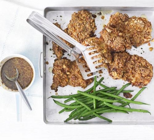 Crispy pretzel chicken with honey-mustard sauce 