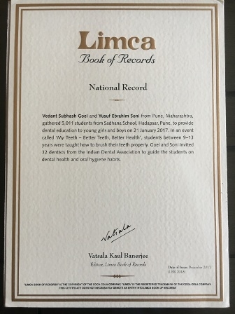 Vedant Goel & Yusuf Soni Received Limca Book of Record Certificate for their 'My Teeth – Better Teeth, Better Health' Campaign