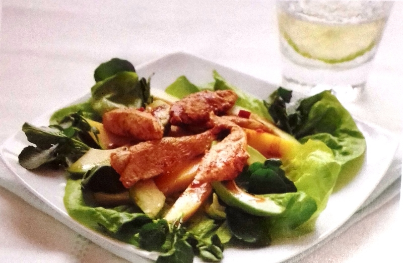 Warm chicken salad with mango and avocado