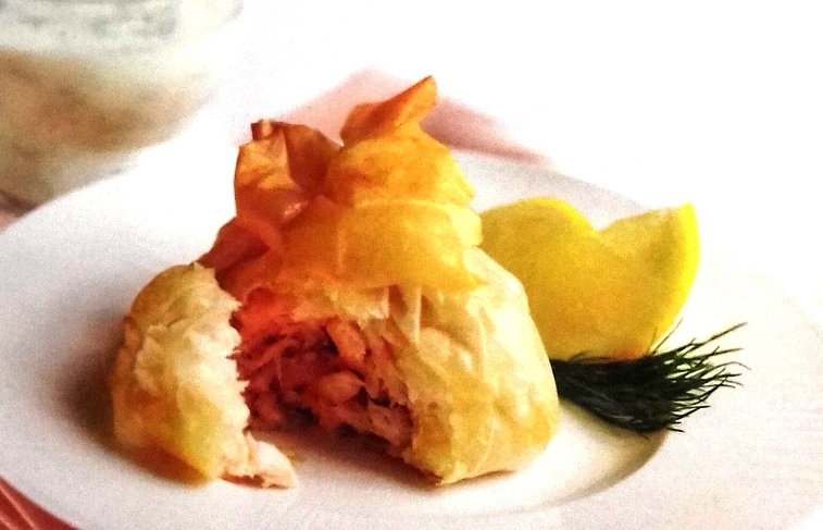 Salmon and prawn filo purses
