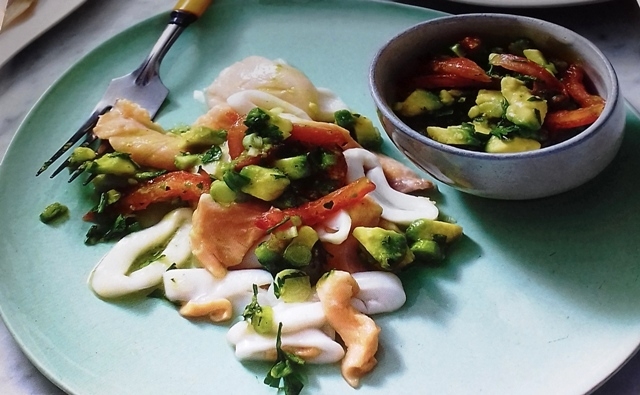 Ceviche with tomato and avocado salsa