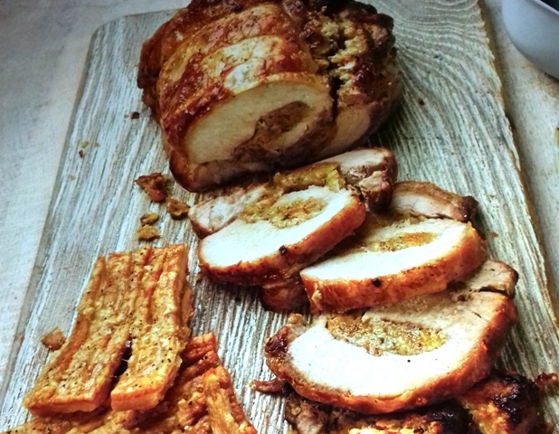 Boned loin of pork with apricot stuffing