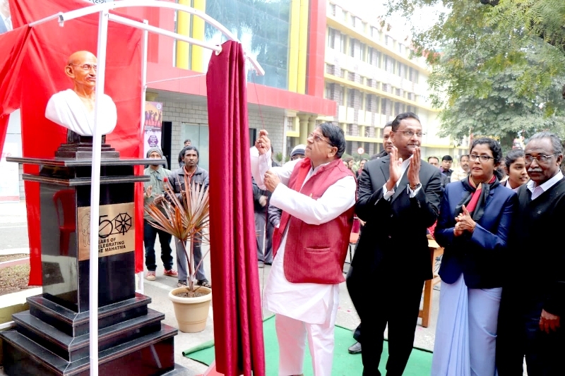 PR Minister Sharma unveils Gandhi Ji’s statue at BSSS College