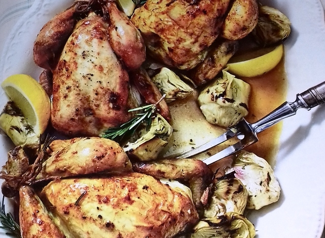 Lemon poussins with artichoke hearts