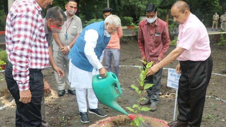 Governor Mangubhai Patel plants saplings at Raj Bhavan