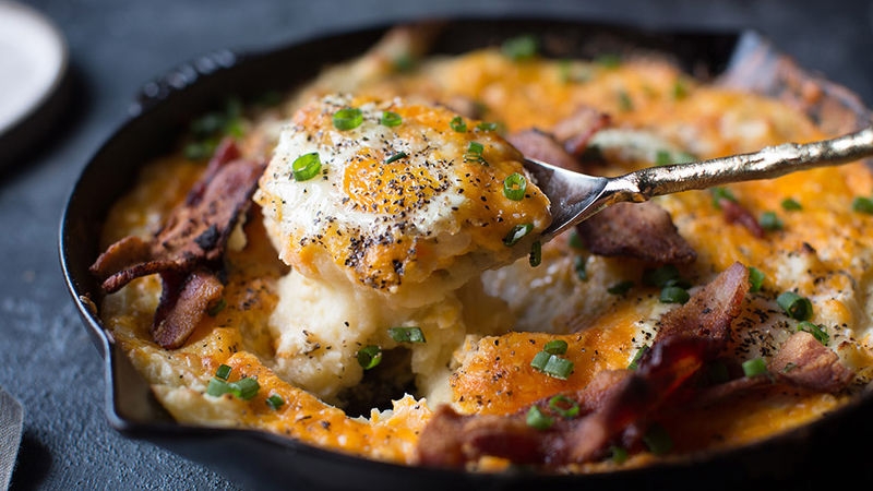 Cheesy Mashed Potato Egg Skillet Casserole