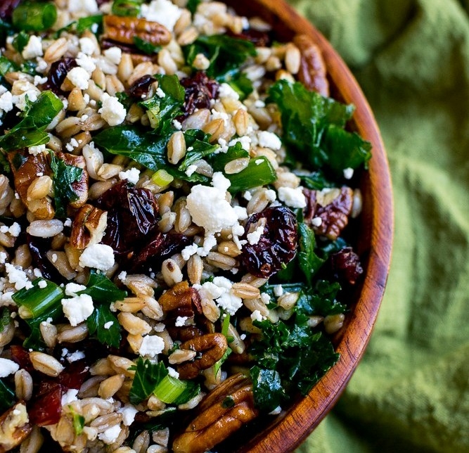 Festive fall faro salad with kale, cranberries pecans & goat cheese 